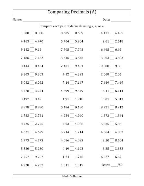 The Comparing Decimals Up to Thousandths (Various Tricks) (All) Math Worksheet