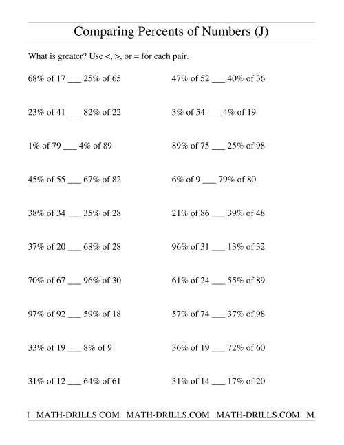 The Comparing Percents of Numbers (J) Math Worksheet