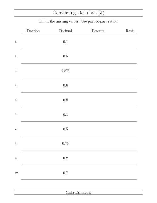 The Converting from Decimals to Fractions, Percents and Part-to-Part Ratios (J) Math Worksheet