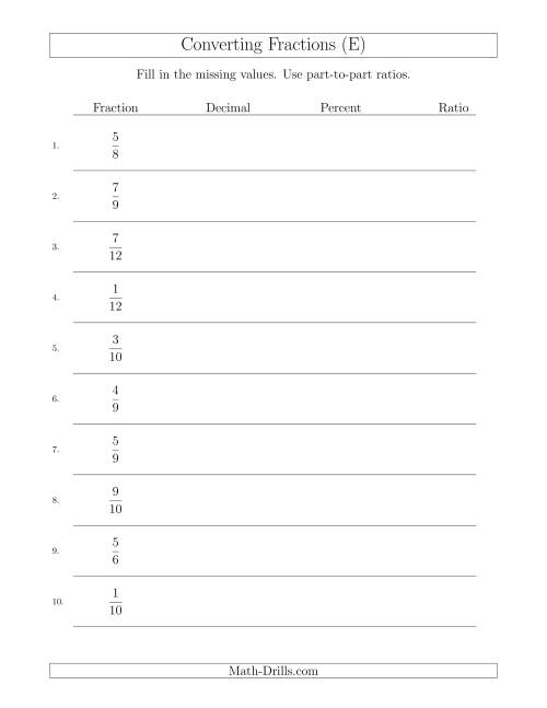 The Converting from Fractions to Decimals, Percents and Part-to-Part Ratios (E) Math Worksheet