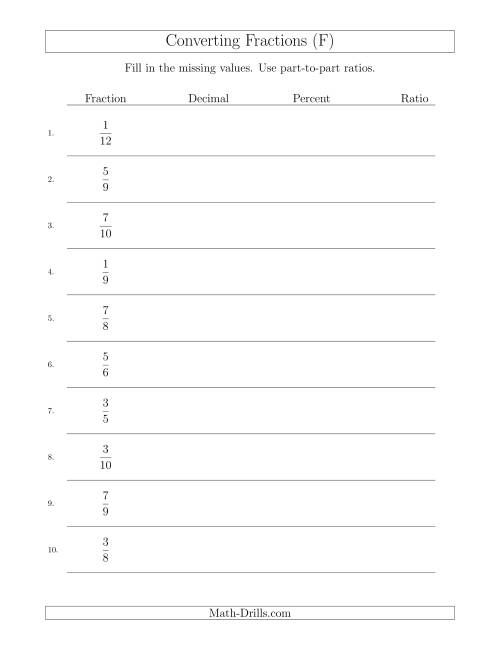 The Converting from Fractions to Decimals, Percents and Part-to-Part Ratios (F) Math Worksheet