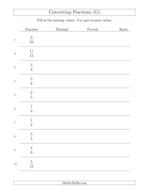 The Converting from Fractions to Decimals, Percents and Part-to-Part Ratios (G) Math Worksheet