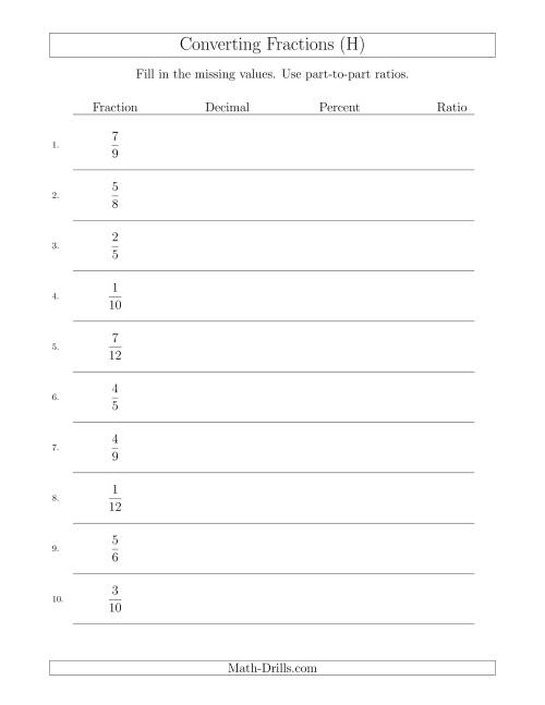 The Converting from Fractions to Decimals, Percents and Part-to-Part Ratios (H) Math Worksheet