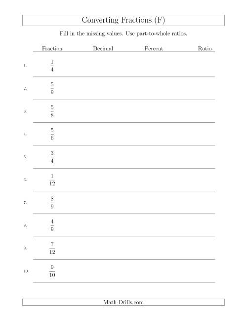 The Converting from Fractions to Decimals, Percents and Part-to-Whole Ratios (F) Math Worksheet