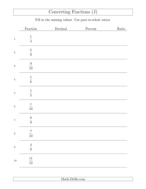 The Converting from Fractions to Decimals, Percents and Part-to-Whole Ratios (J) Math Worksheet
