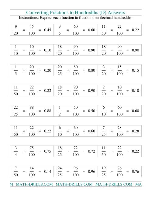 The Converting fractions to hundredths (D) Math Worksheet Page 2