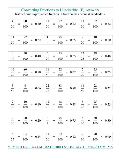 The Converting fractions to hundredths (F) Math Worksheet Page 2