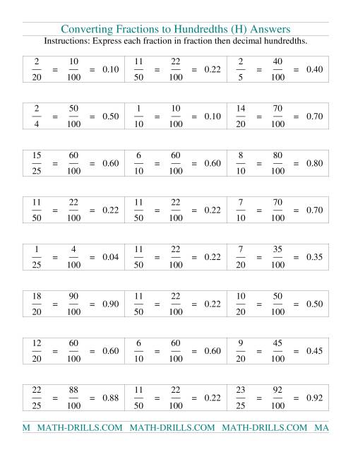 The Converting fractions to hundredths (H) Math Worksheet Page 2