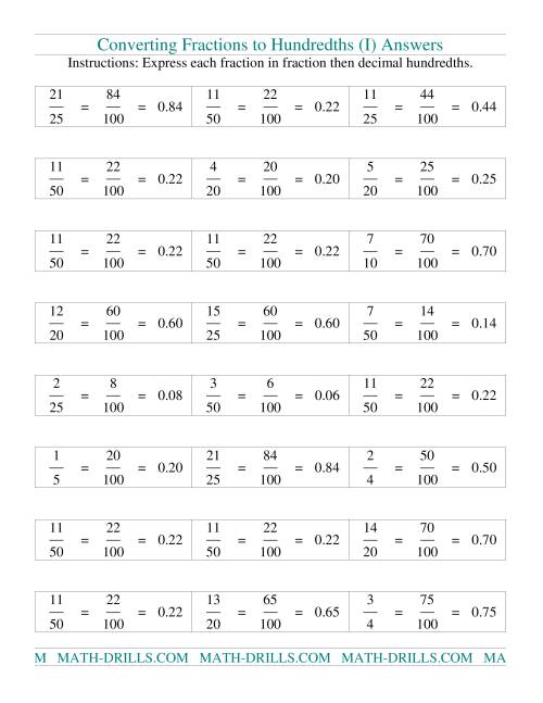 The Converting fractions to hundredths (I) Math Worksheet Page 2