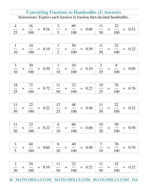 The Converting fractions to hundredths (J) Math Worksheet Page 2