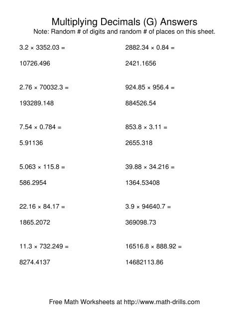 The Random Number of Digits and Random Number of Places (G) Math Worksheet Page 2