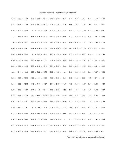 The Adding Hundredths (P) Math Worksheet Page 2