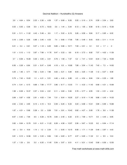 The Adding Hundredths (Q) Math Worksheet Page 2