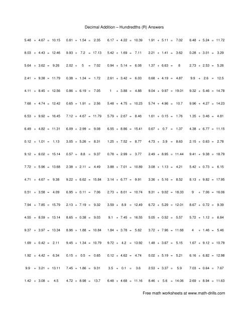 The Adding Hundredths (R) Math Worksheet Page 2