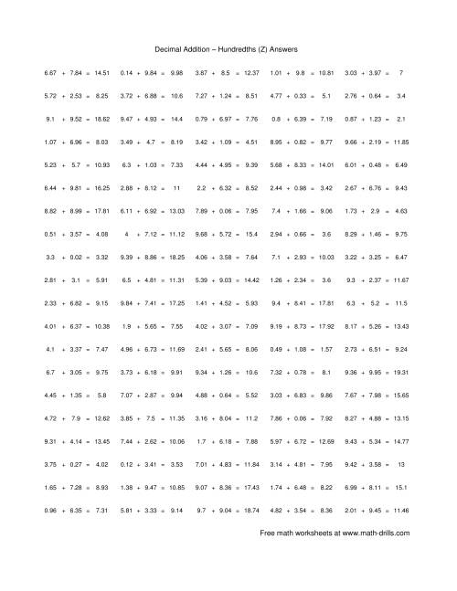 The Adding Hundredths (Z) Math Worksheet Page 2