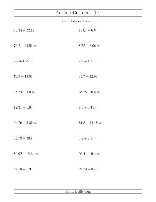 The Adding Decimals With Up to Two Places Before and After the Decimal (D) Math Worksheet