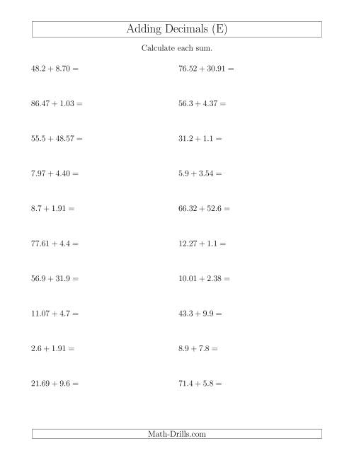 The Adding Decimals With Up to Two Places Before and After the Decimal (E) Math Worksheet