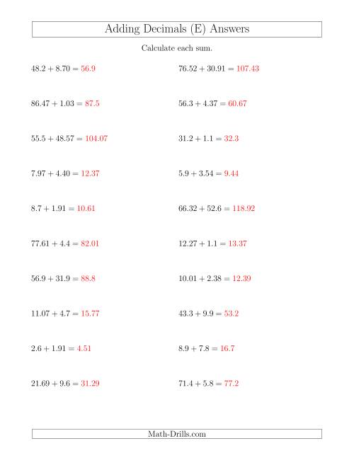 The Adding Decimals With Up to Two Places Before and After the Decimal (E) Math Worksheet Page 2