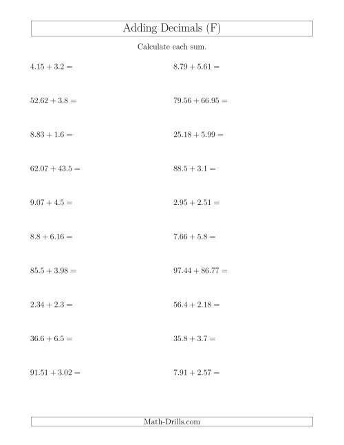 The Adding Decimals With Up to Two Places Before and After the Decimal (F) Math Worksheet