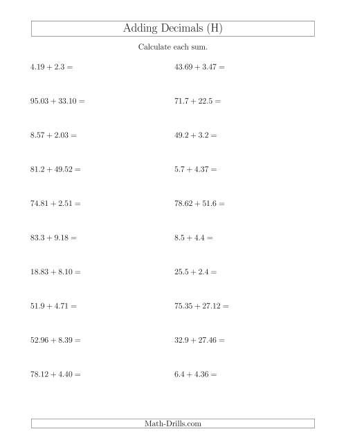 The Adding Decimals With Up to Two Places Before and After the Decimal (H) Math Worksheet