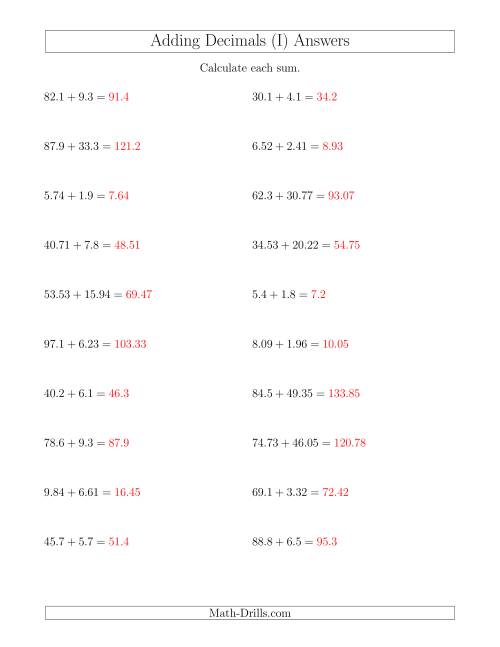 The Adding Decimals With Up to Two Places Before and After the Decimal (I) Math Worksheet Page 2