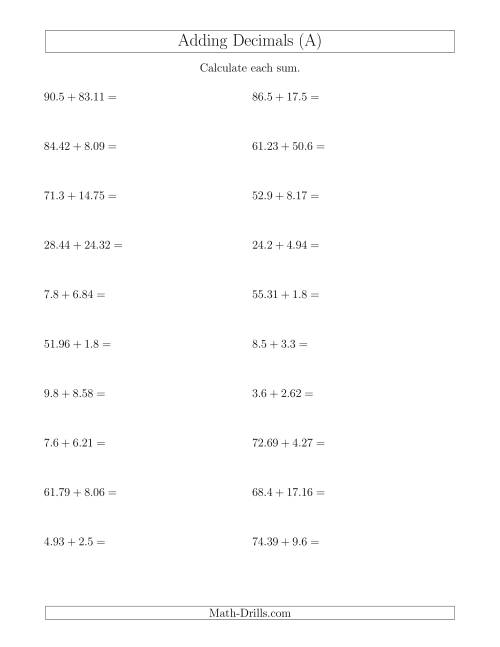 The Adding Decimals With Up to Two Places Before and After the Decimal (All) Math Worksheet
