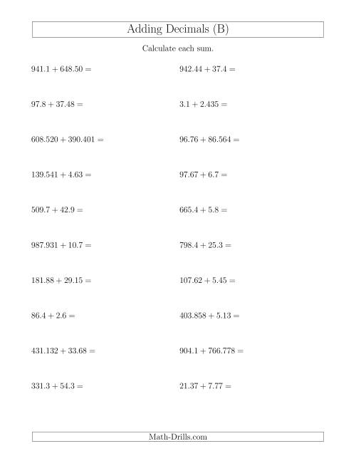 The Adding Decimals With Up to Three Places Before and After the Decimal (B) Math Worksheet