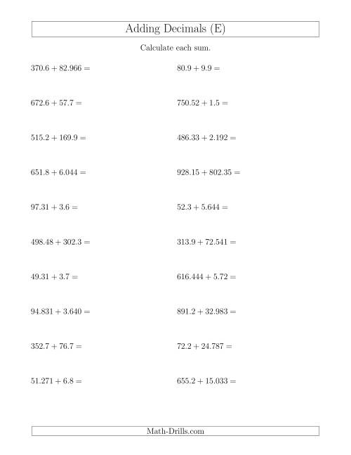 The Adding Decimals With Up to Three Places Before and After the Decimal (E) Math Worksheet