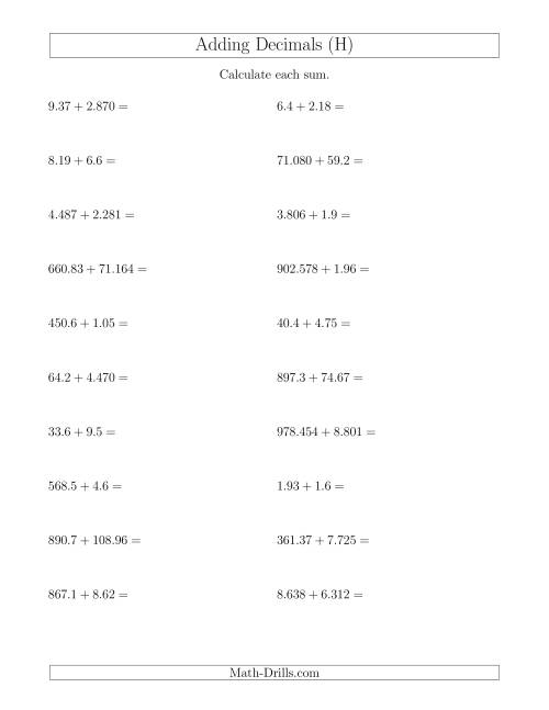 The Adding Decimals With Up to Three Places Before and After the Decimal (H) Math Worksheet