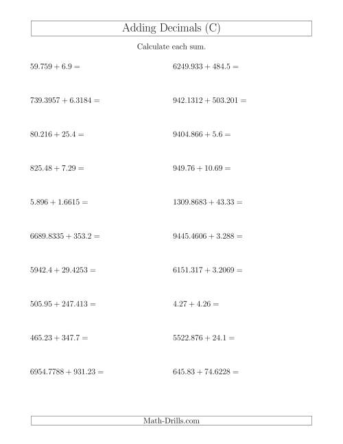 The Adding Decimals With Up to Four Places Before and After the Decimal (C) Math Worksheet