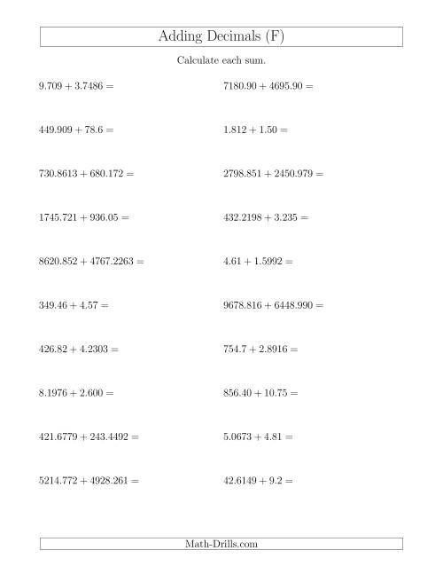 The Adding Decimals With Up to Four Places Before and After the Decimal (F) Math Worksheet