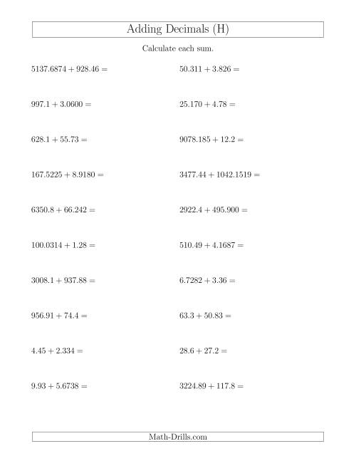 The Adding Decimals With Up to Four Places Before and After the Decimal (H) Math Worksheet