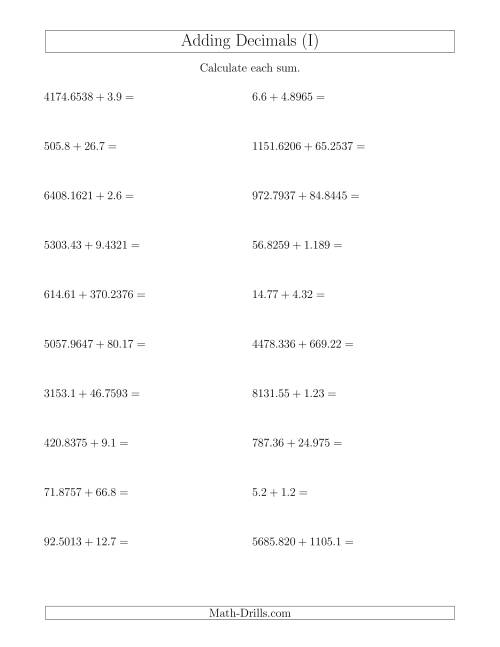 The Adding Decimals With Up to Four Places Before and After the Decimal (I) Math Worksheet