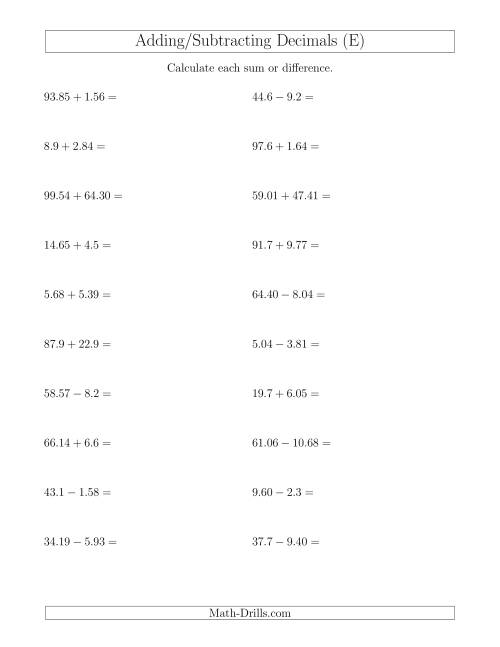The Adding and Subtracting Decimals With Up to Two Places Before and After the Decimal (E) Math Worksheet