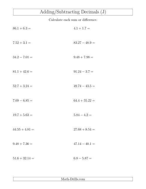 The Adding and Subtracting Decimals With Up to Two Places Before and After the Decimal (J) Math Worksheet