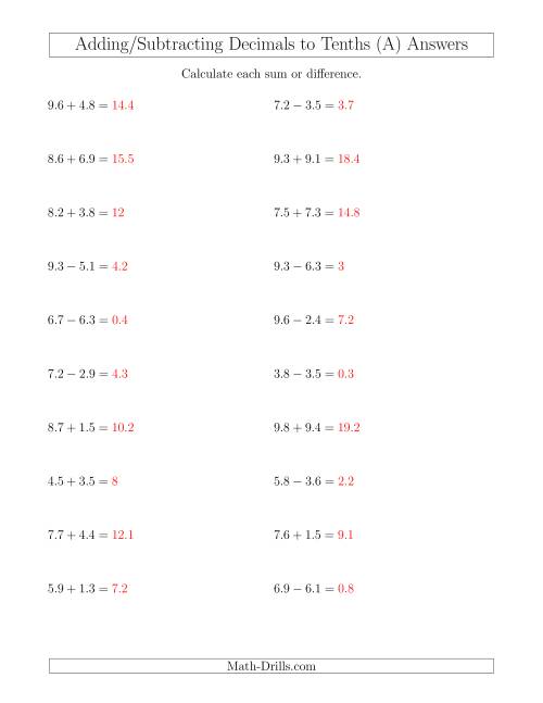 The Adding and Subtracting Decimals to Tenths Horizontally (A) Math Worksheet Page 2