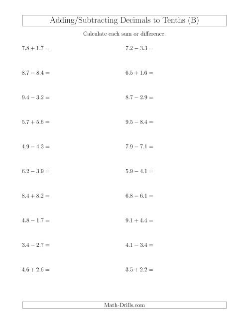 The Adding and Subtracting Decimals to Tenths Horizontally (B) Math Worksheet