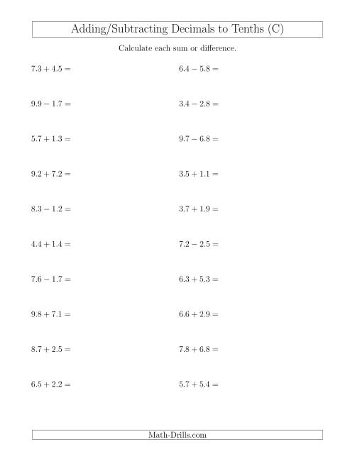 The Adding and Subtracting Decimals to Tenths Horizontally (C) Math Worksheet