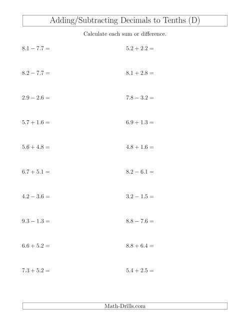 The Adding and Subtracting Decimals to Tenths Horizontally (D) Math Worksheet