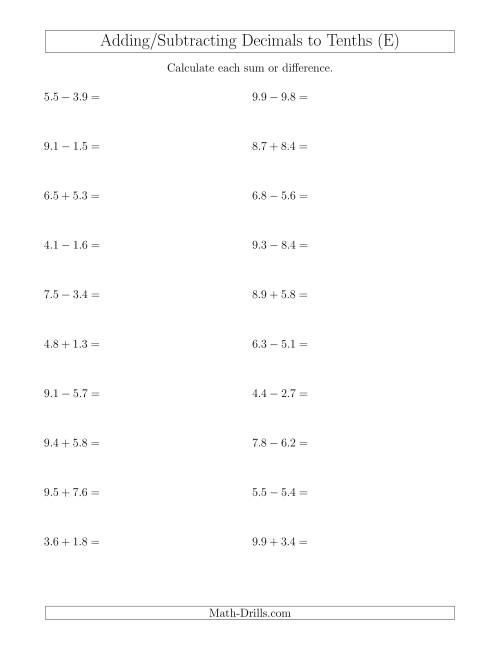 The Adding and Subtracting Decimals to Tenths Horizontally (E) Math Worksheet