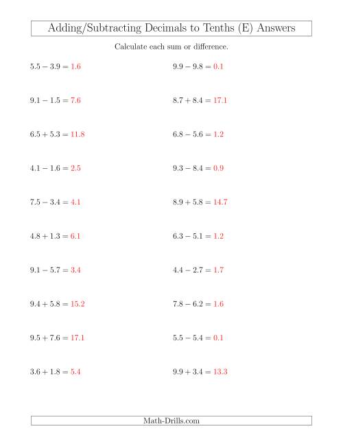 The Adding and Subtracting Decimals to Tenths Horizontally (E) Math Worksheet Page 2
