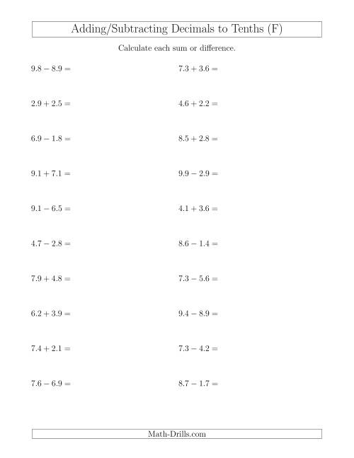 The Adding and Subtracting Decimals to Tenths Horizontally (F) Math Worksheet