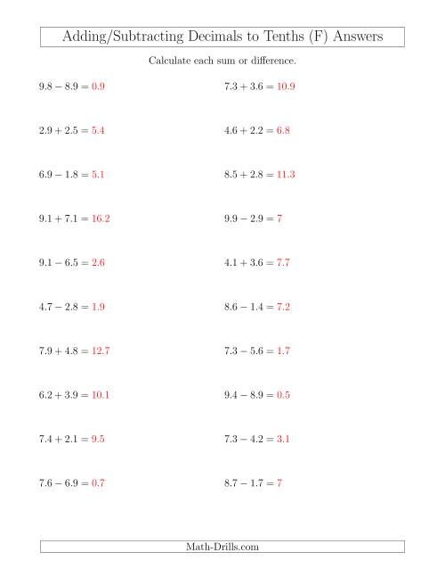 The Adding and Subtracting Decimals to Tenths Horizontally (F) Math Worksheet Page 2