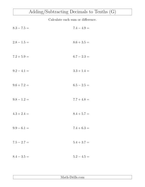 The Adding and Subtracting Decimals to Tenths Horizontally (G) Math Worksheet