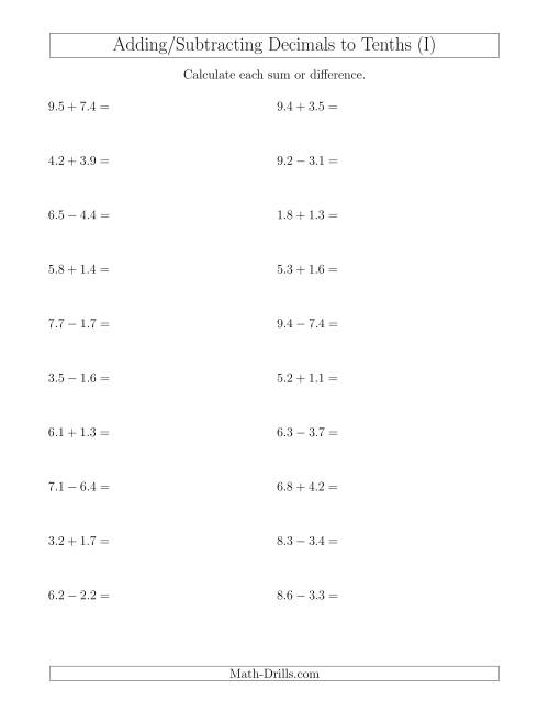 The Adding and Subtracting Decimals to Tenths Horizontally (I) Math Worksheet