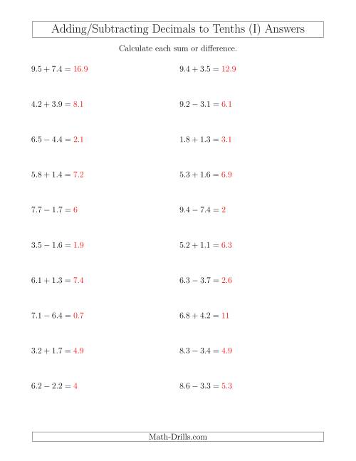 The Adding and Subtracting Decimals to Tenths Horizontally (I) Math Worksheet Page 2