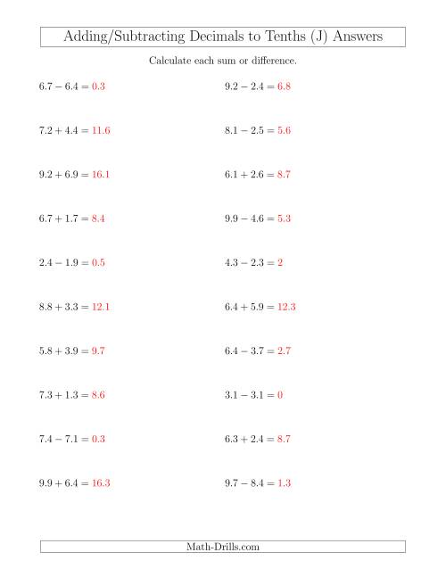 The Adding and Subtracting Decimals to Tenths Horizontally (J) Math Worksheet Page 2