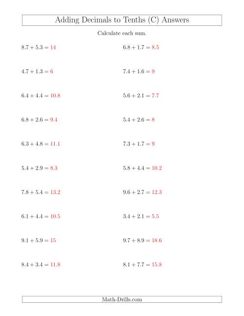 The Adding Decimals to Tenths Horizontally (C) Math Worksheet Page 2