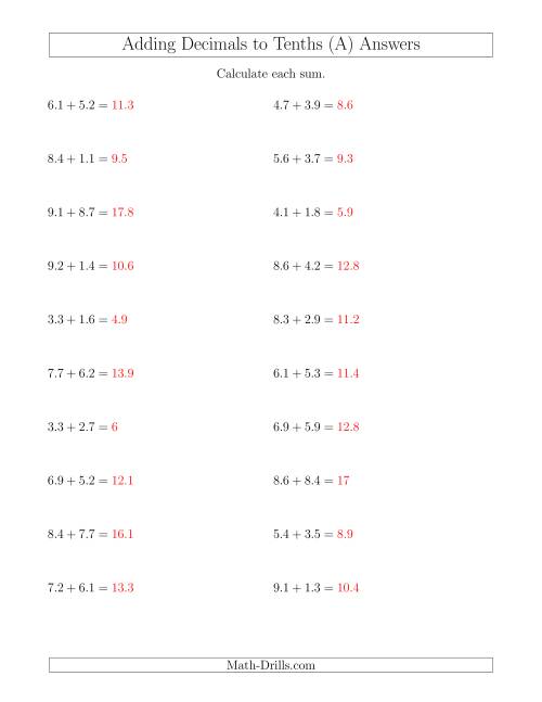 The Adding Decimals to Tenths Horizontally (All) Math Worksheet Page 2