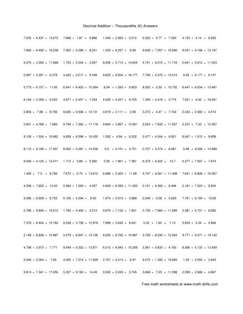 The Adding Thousandths (K) Math Worksheet Page 2
